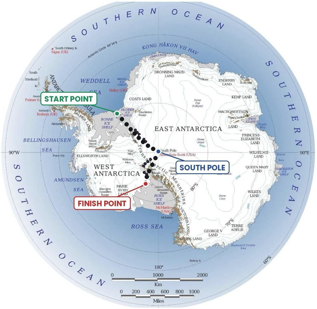 Map of Antarctica marked with the Polar Dogs route, showing the start point on Berkner Island on the Ronne Ice Shelf, the South Pole, and the finish point on the Ross Ice Shelf