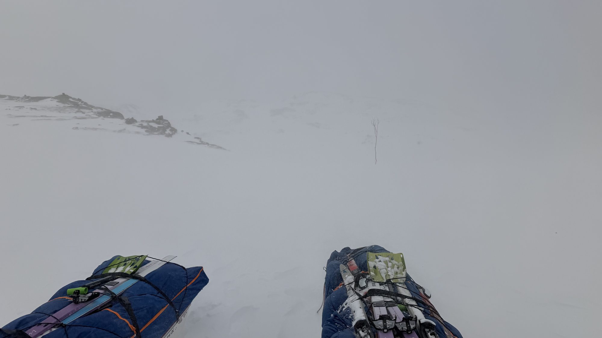Two loaded pulks in a whiteout on the Hardangervidda plateau